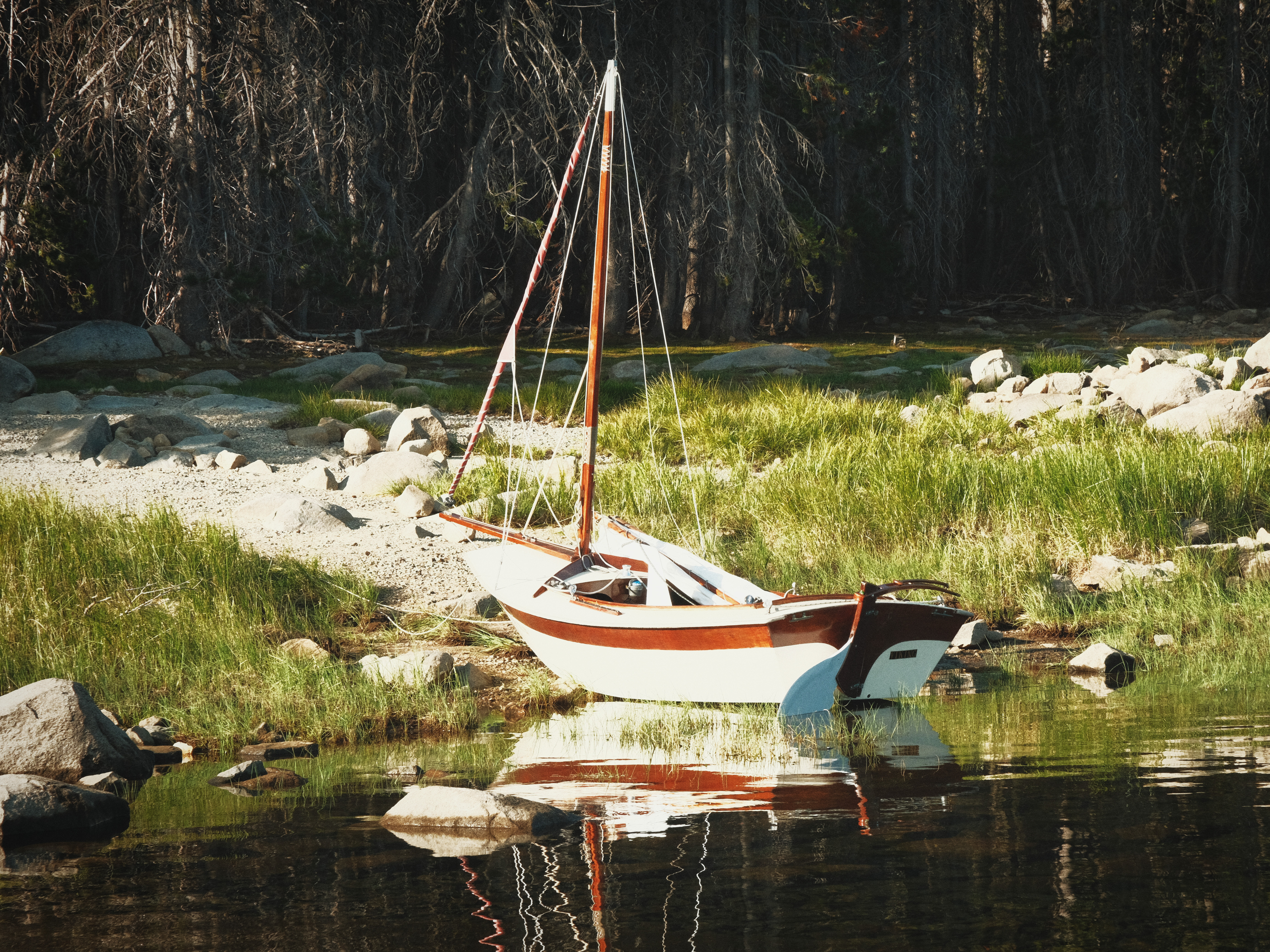 A small wooden sailboat pulled into shallow water beside a grassy shore, with trees and rocks behind it.