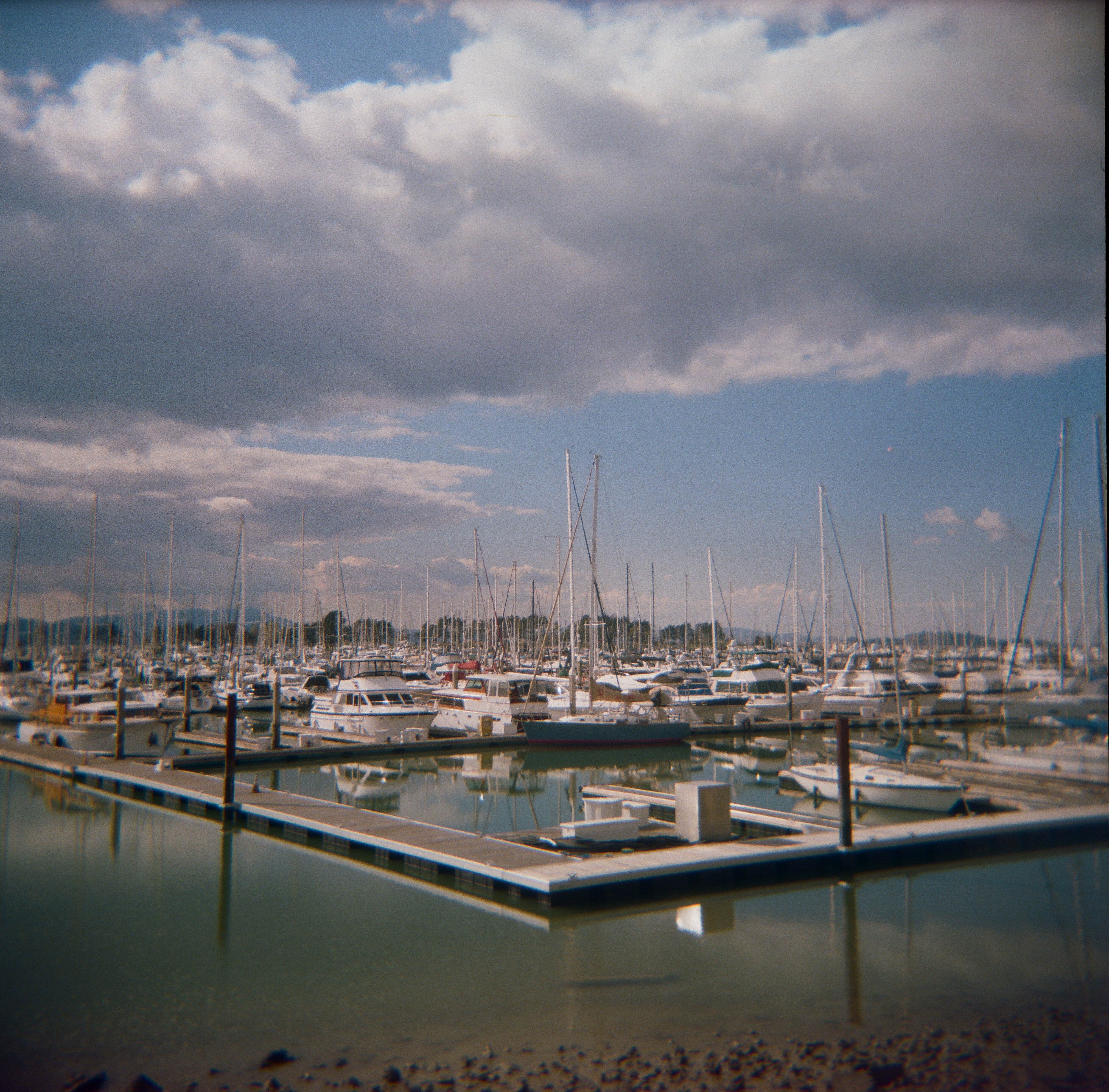 A film photograph of sailboats and docks at Emeryville Harbor beneath large clouds.